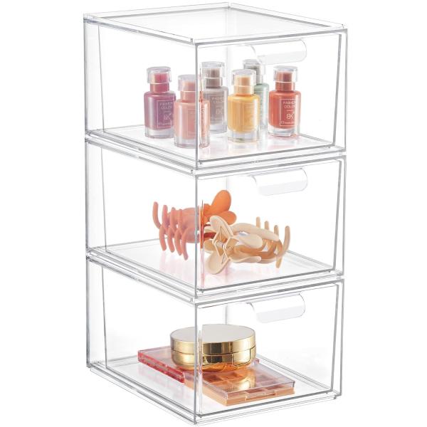 Stackable Makeup Organizer Drawers, 4.4'' Tall Acrylic Bathroom Storage Drawer, Cosmetics Storage Box for Vanity