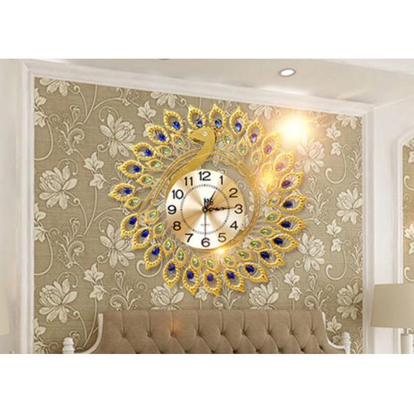 Luxury Peacock Design Metal Wall Clock Gold Plated For Home Decoration