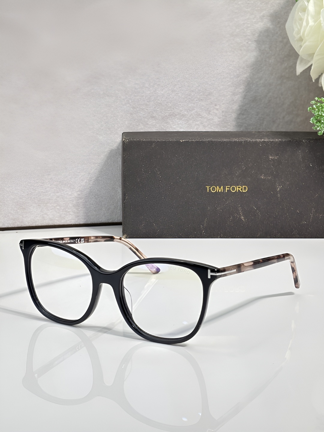 TM FORD Women Cat Eye Optical Eyeglasses, TF6089-B Acetate Prescription Glasses Frame with Silver T Logo, Clear Blue Light Blocking Lenses Prescription
