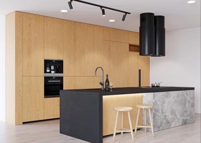 Armários de cozinha modulares modernos com barra da ilha e a bancada de pedra de quartzo preto