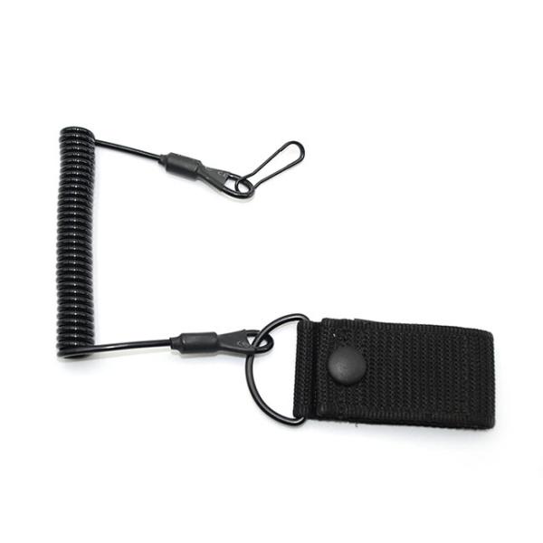 Strong Steel Wire Black Coiled Pistol Retention Lanyard With Webbing Strap