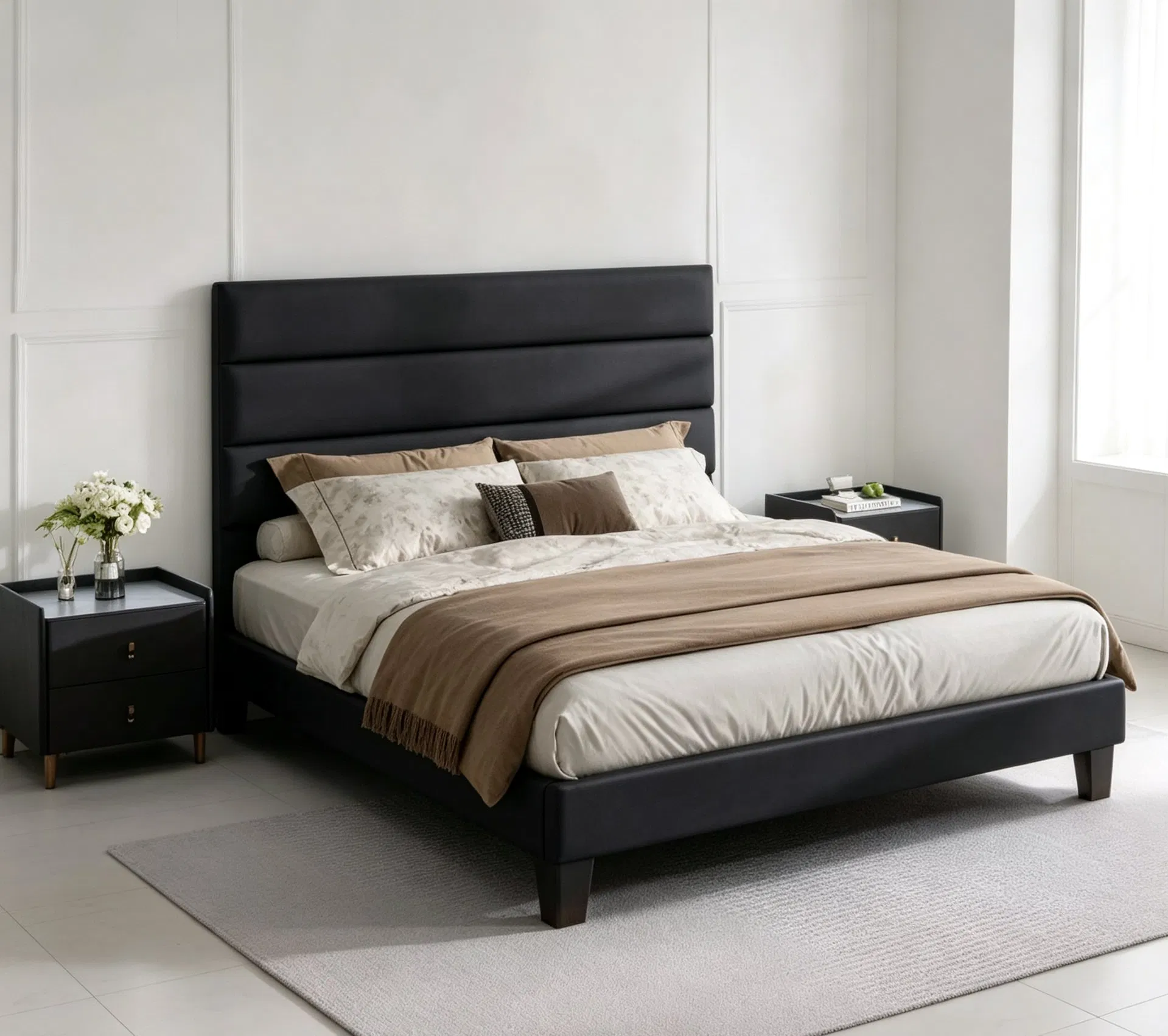 Minimalist Black Fabric Upholstered Bed with Layered Headboard