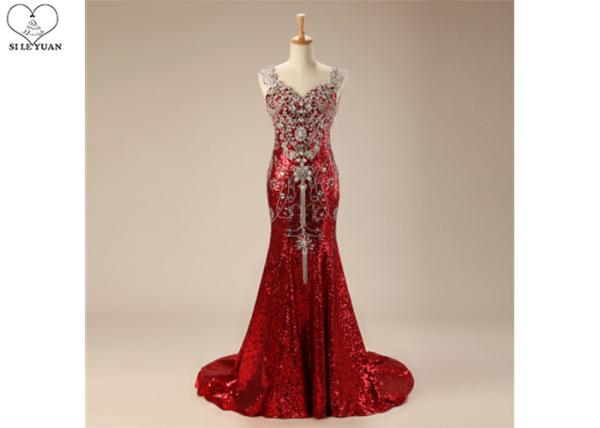 Ladies Long Tail Gown Sleeveless Shiny Sequin Fabric Lace Beaded Red Carpet Wear