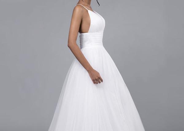 Tulle Simple A Line Wedding Dresses Straps Deep V Neck Backless Pleating Zipper