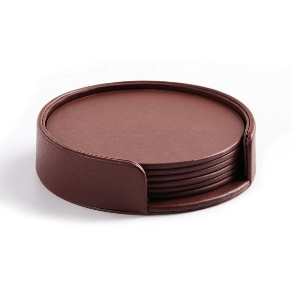 Custom Logo PU Lather Drink Coaters Set Leather Coasters Spill Protection For Table Desk
