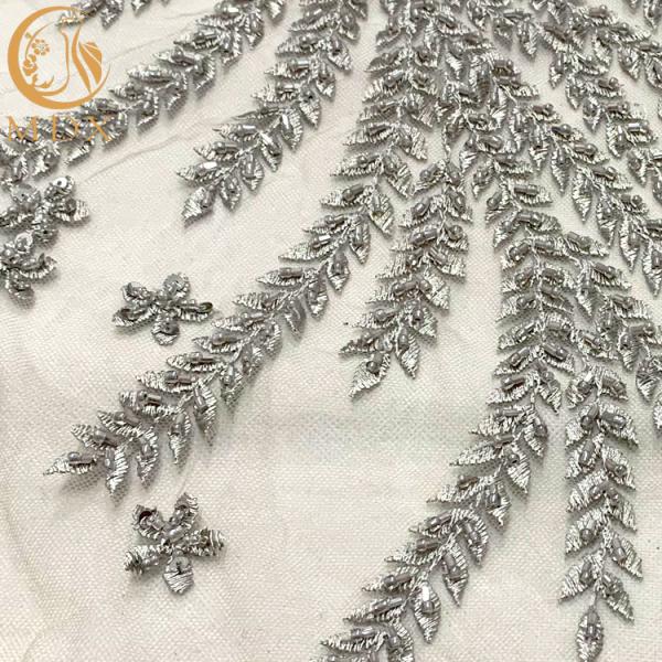 Grey Heavy Handmade Beaded Lace Fabric For Fashion Show Dresses