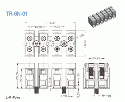 600V 50A Electrical Panel Mount Terminal Block Pitch 13.50mm , Double Levels