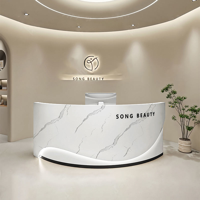 Reception Desk with Marble-effect Veneer Premium Cashier Counter with LED Ambient Lighting for Jewelry Shop Counter
