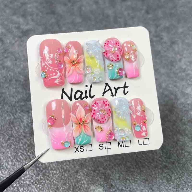 Long Square Nail Art Handmade Press On Nails Pink Gradient Plumeria Butterfly Design