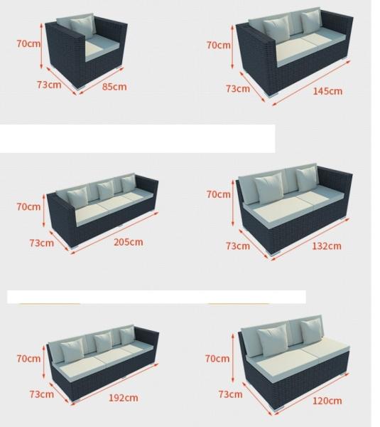 Mobiliário de jardim de pátio moderno de luxo Sofá exterior de rotinão preto Mesa de café Conjunto de cadeira de rotinão de aço Mobiliário exterior
