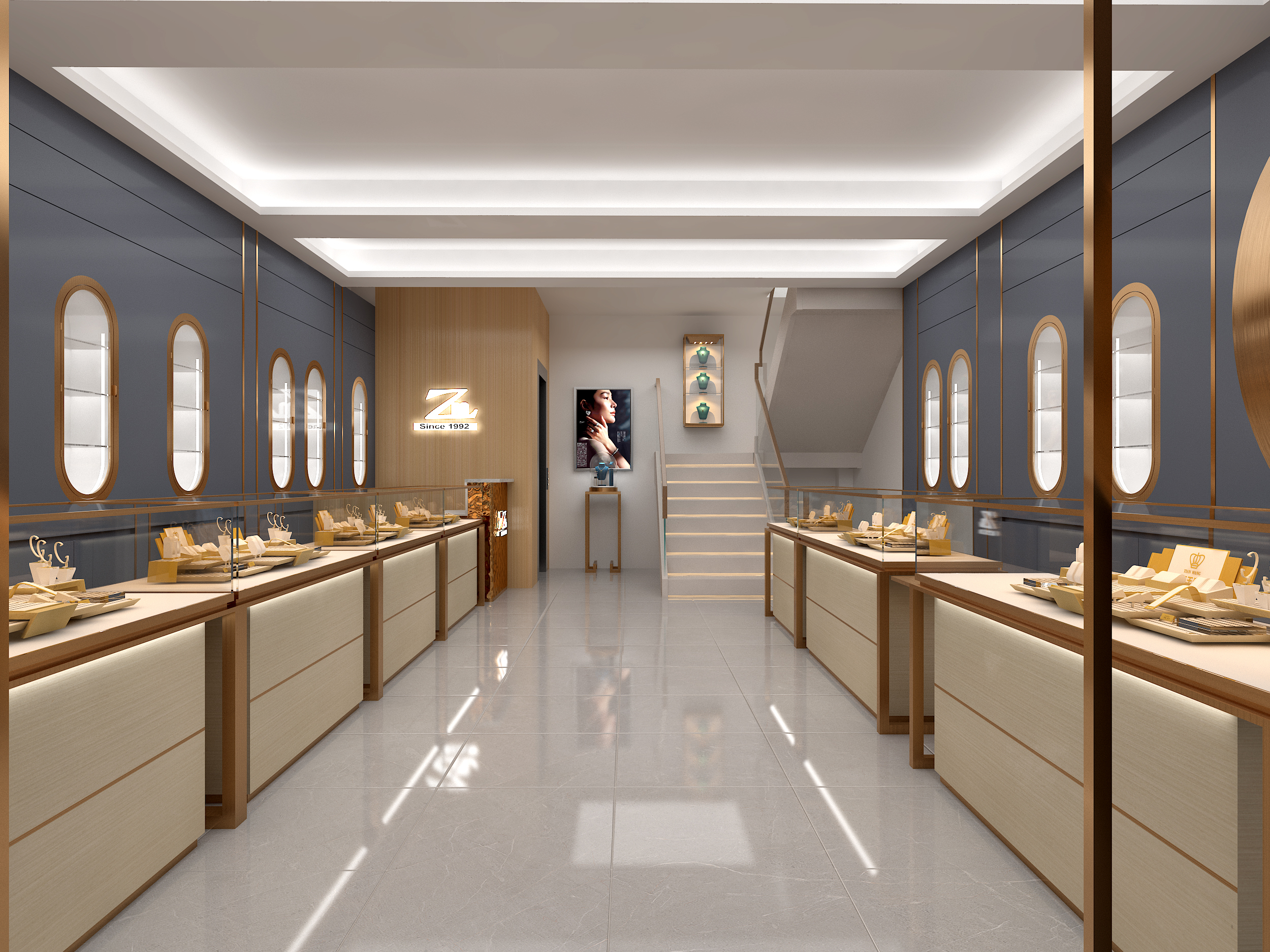 Custom Modern Jewelry Showroom Wood Grain Interior  Jewelry Store Showcases
