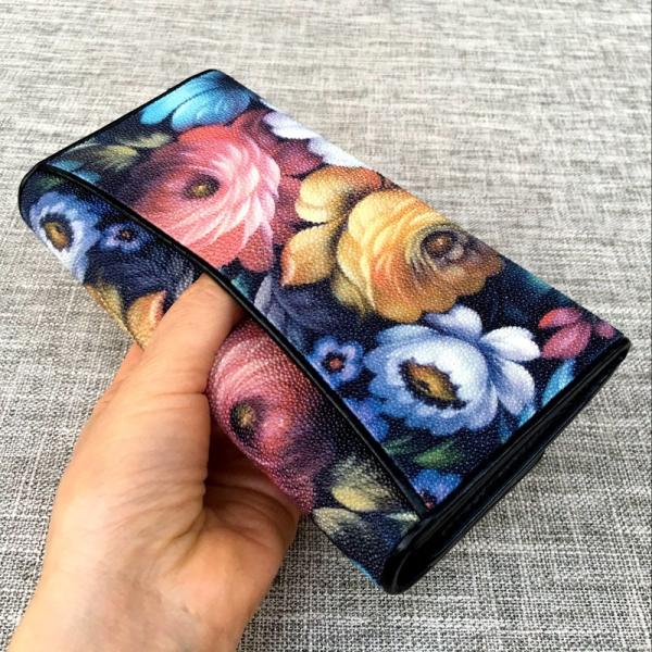 Thailand Authentic Stingray Skin Women's Long Trifold Wallet Genuine Leather Female Flower Clutch Lady Large Card Purse