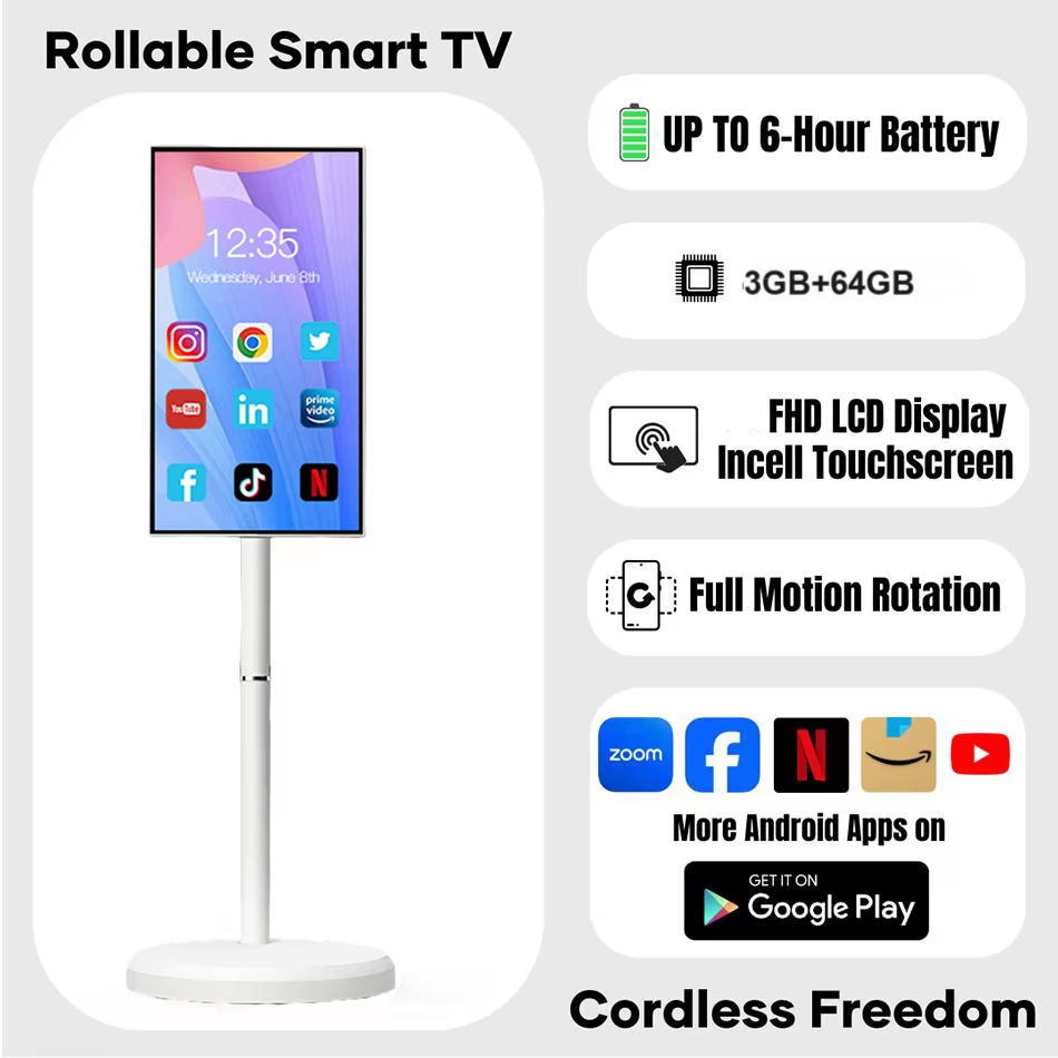 21.5 Inch Smart Portable Monitor Screen Digital Signage Display Moving Touch Screen Monitor Android 15 Smart Tv Rollable Tablet