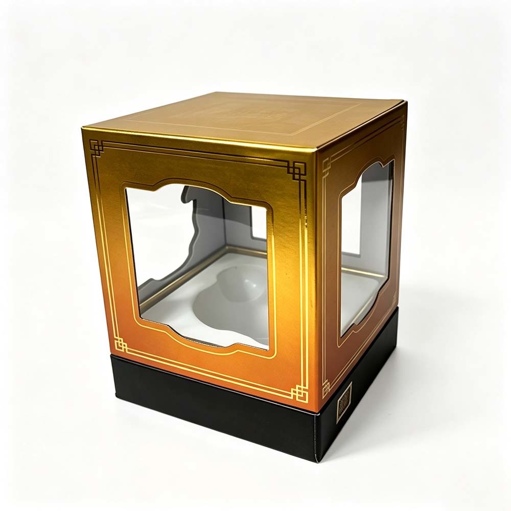 Four Sided Window Rigid Gift Box Metallic Gold Card Paper Surface Display