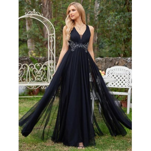 Charming Empire Beaded Sleeveless V-neck Ruffled Spaghetti Strap A-line Pink Tulle Evening Dress