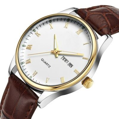 Brown Leather Strap Mens Wrist Watch Dual Calendar Luminous Quartz Anti Fog
