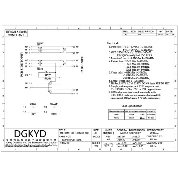 KRJ-60BPOEGYZENL with PoE power supply RJ45 connector 100M integrated filter network socket network cable interface