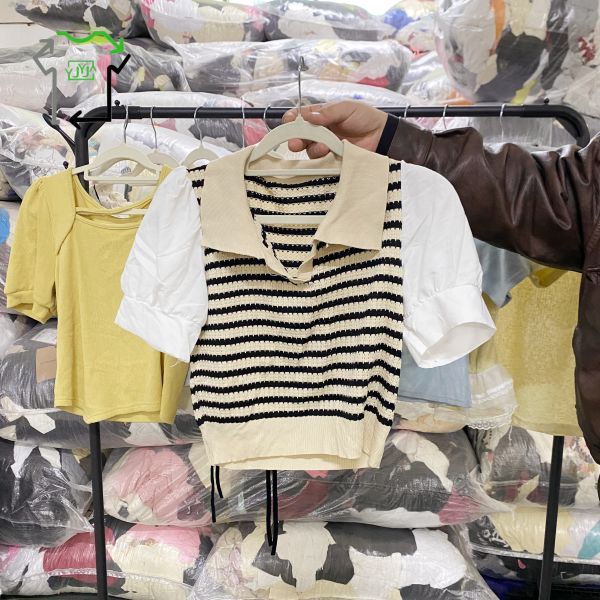 Wholesale Second Hand Women's Knitted Short-sleeved Shirt Used Clothes Polyester/Cotton High Quality Clean 95-100% Mixed Colors Second Hand Clothes