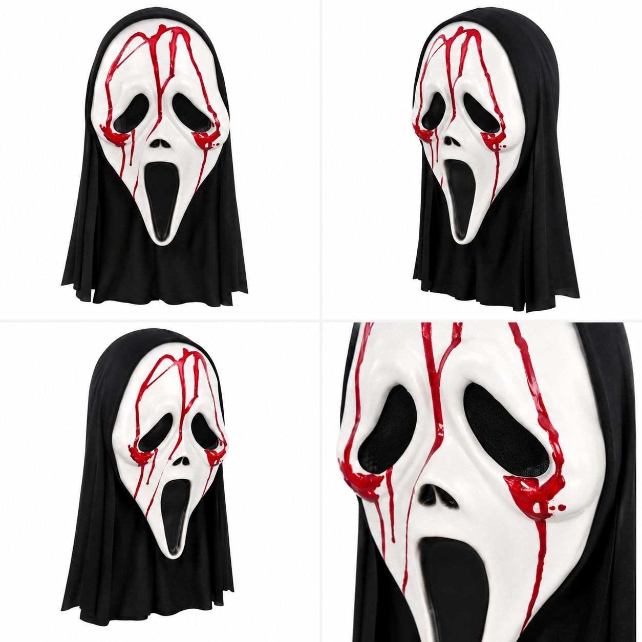 Bloody Latex Scream Mask with Black Hood, White Horror Ghost Face Mask, Scary Halloween Cosplay Party Face Cover for Masquerade, Haunted House, Festival Costume and Photo Video Props
