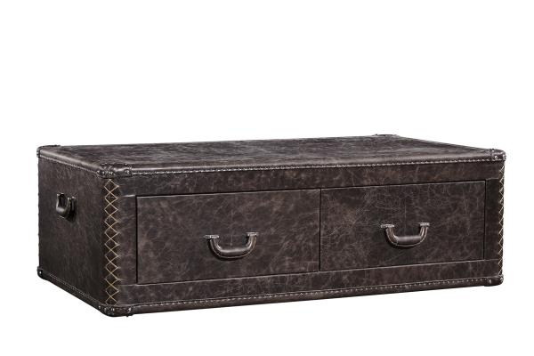 Dark Brown Leather Covered Coffee Table , Coffee Table Chest With Drawers