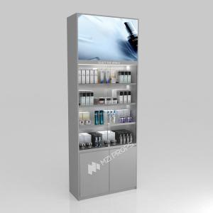 Makeup Shop Design Grey Oiled Wooden Board Skincare Back Cabinet With Light Box