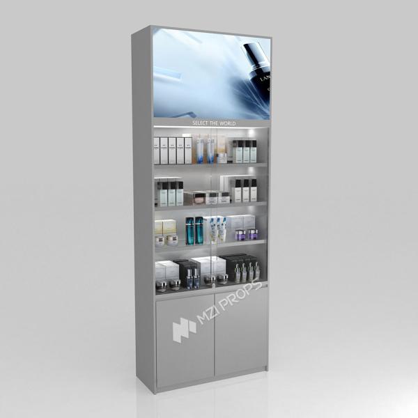 Makeup Shop Design Grey Oiled Wooden Board Skincare Back Cabinet With Light Box For Branded Shop Table And Premium Display Counter
