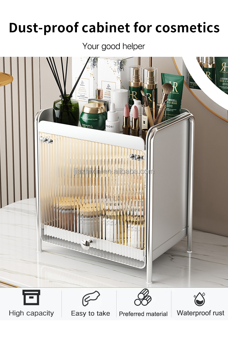 Bedroom Desktop With Cabinet Doors Makeup Display Cabinet Organize Shelf 2 Tier Spice Storage Rack Metal Dust Proof Cup Holder