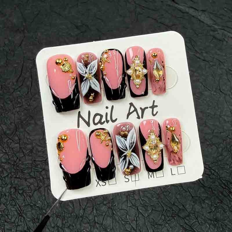 Long Square Handmade Fake Nails 3D Butterfly Gold Shell Pearl Metal Nail Tips
