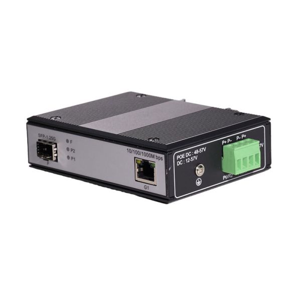 DIN Rail Industrial POE Switch Gigabit 1 SFP Fiber 1 RJ45 Port PoE Media Converter IP40