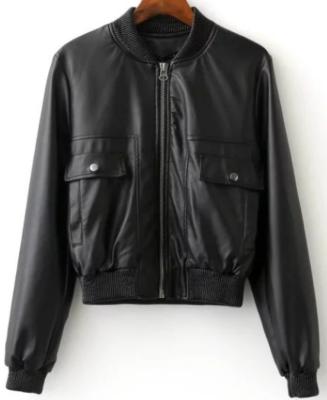 Ladies PU Leather Down Jacket , Zipper Short Warm Black Leather Bomber Jacket