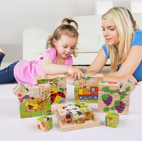 Baby Wooden Block Toys Animal Fruit Early Learning Six Side 3D Cube Jigsaw