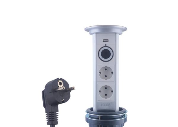 Silver 2 x EU Recessed Countertop Outlets One Key Design For Entertainment System