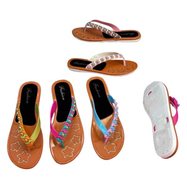 PVC Ladies Chevron Strap Rivet Star Embossed Flip Flops Casual Beach Sandals