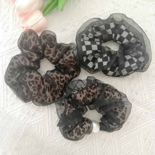 Mesh Hair Scrunchies For Curly Hair Korean Double Layer Hair Circle Tulle Ponytail Leopard 14cm