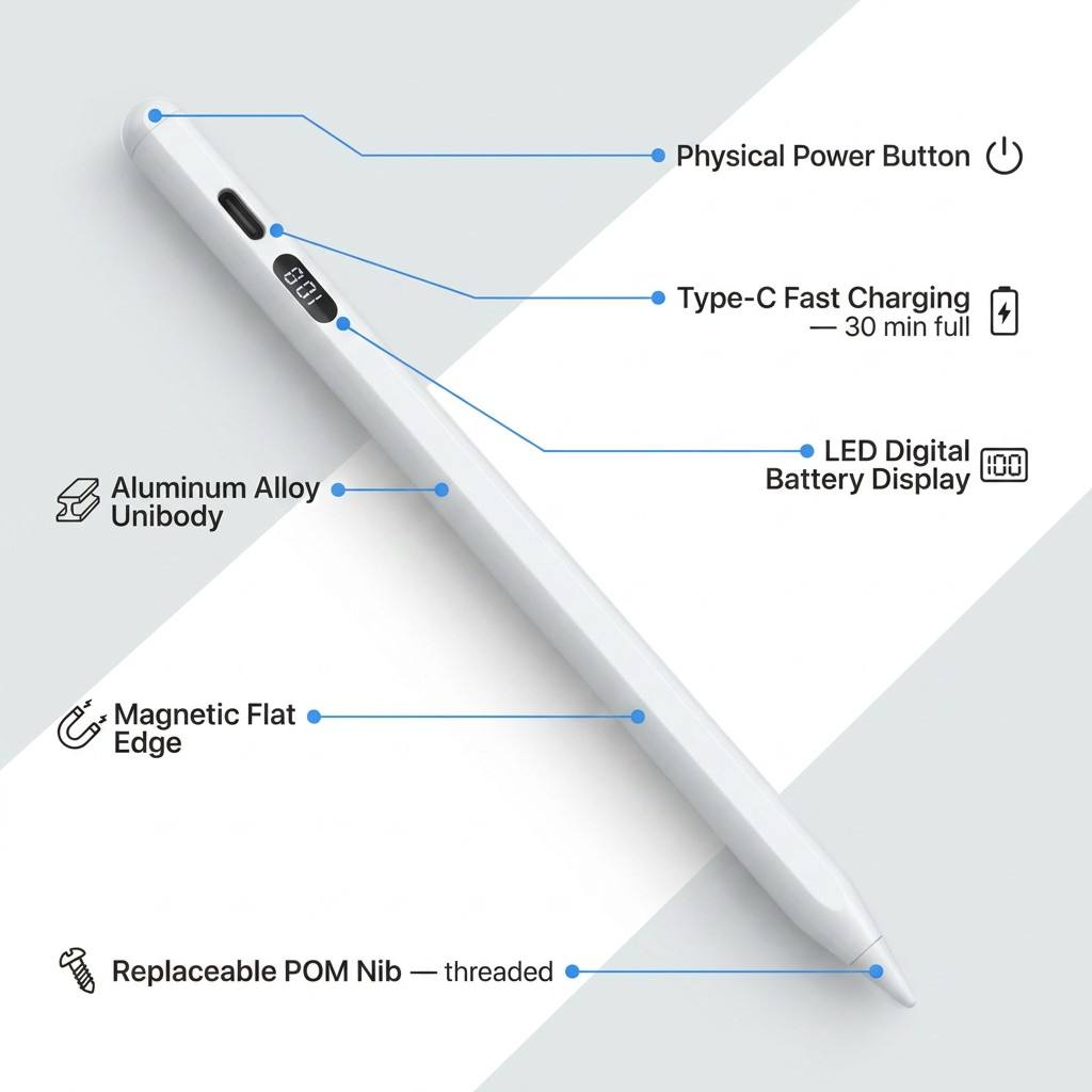 iPad Stylus Pen LED Digital Battery Display Type-C Fast Charge Active Pencil Palm Rejection Tilt 8 Colors OEM Wholesale