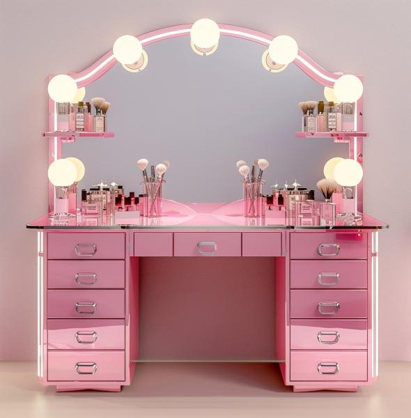 Bedroom Makeup Sets LED Lighted Mirror Vanity Table With Drawers And Storage Shelves Adjustable In Pink