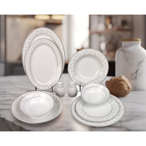 35pcs superwhite porcelain dinning set  with white embossed flower and silver patterm