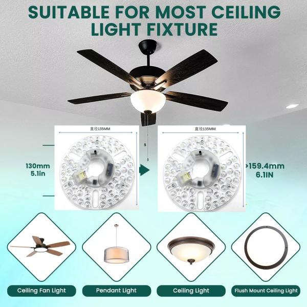 5.3” Universal Ceiling Fan Led Light Replacement for Ceiling Fan Flush Mount Ceiling Light, 22W 5CCT 3000K 4000K 6000K 1500LM CRI90 Dimmable