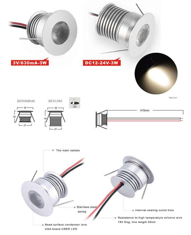 Фары потолка СИД IP44 3W Dimmable утопили света приведенные 250LM DC12-24V шкафа