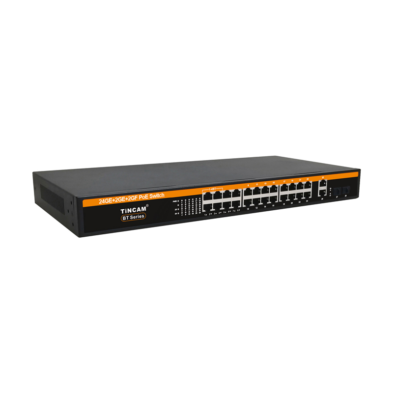 28 Port Gigabit AI Smart PoE Switch 24 10/100/1000Mbps PoE+ Ports 4 BT 60W PoE++ Ports 2 RJ45 Uplink 2 SFP IEEE 802.3af at bt Unmanaged 400W TBC-PSDL5124U-4PF