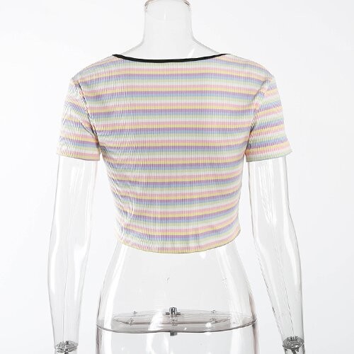 T-shirt court sexy européen Keliou de polyester maufactory de commerce extérieur d'OEM et américain frontalier d'arc-en-ciel de tirette