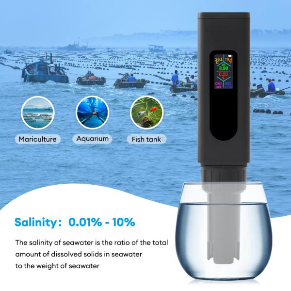 Nuevo medidor de calidad de agua recargable USB 5 en 1 ¢ TDS de pantalla de color, sal, EC, pH, probador de temperatura