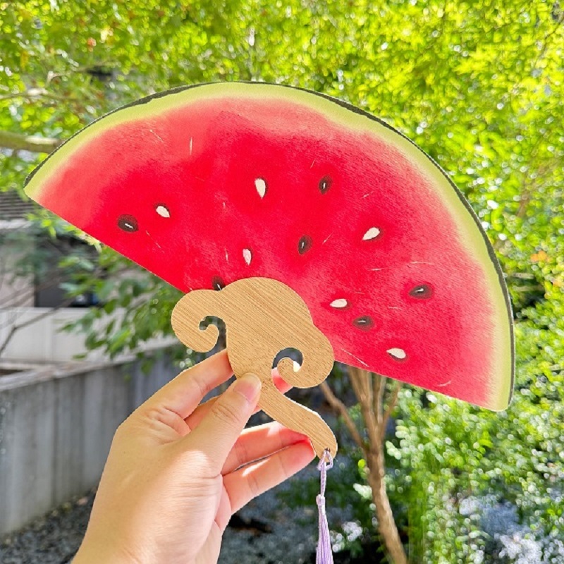 Creative Watermelon Pattern Round Paper Hand Fans With Wooden Handles
