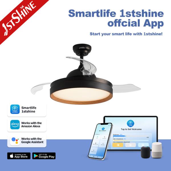 Flush Mounted Retractable Ceiling Fan With Light 3 Color Dimmable LED Light