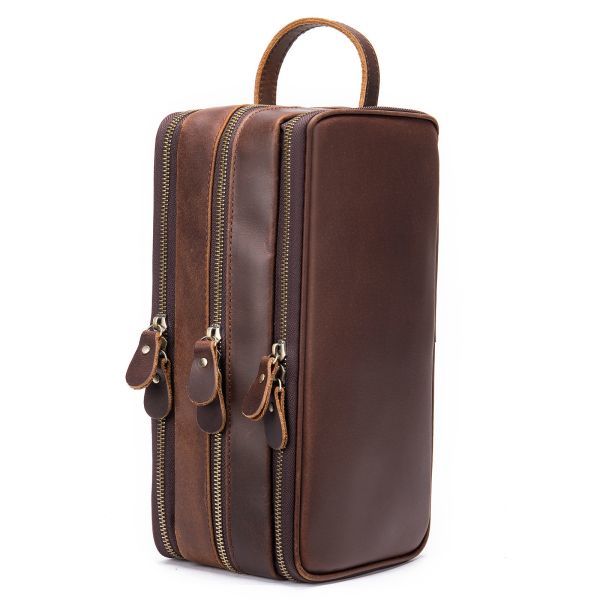 Factory Direct Sales Vintage Crazy Horse Leather Storage Bag Genuine Leather Large Capacity Multi-Function Cosmetic Bag Handbag Cross-Border Wholesale