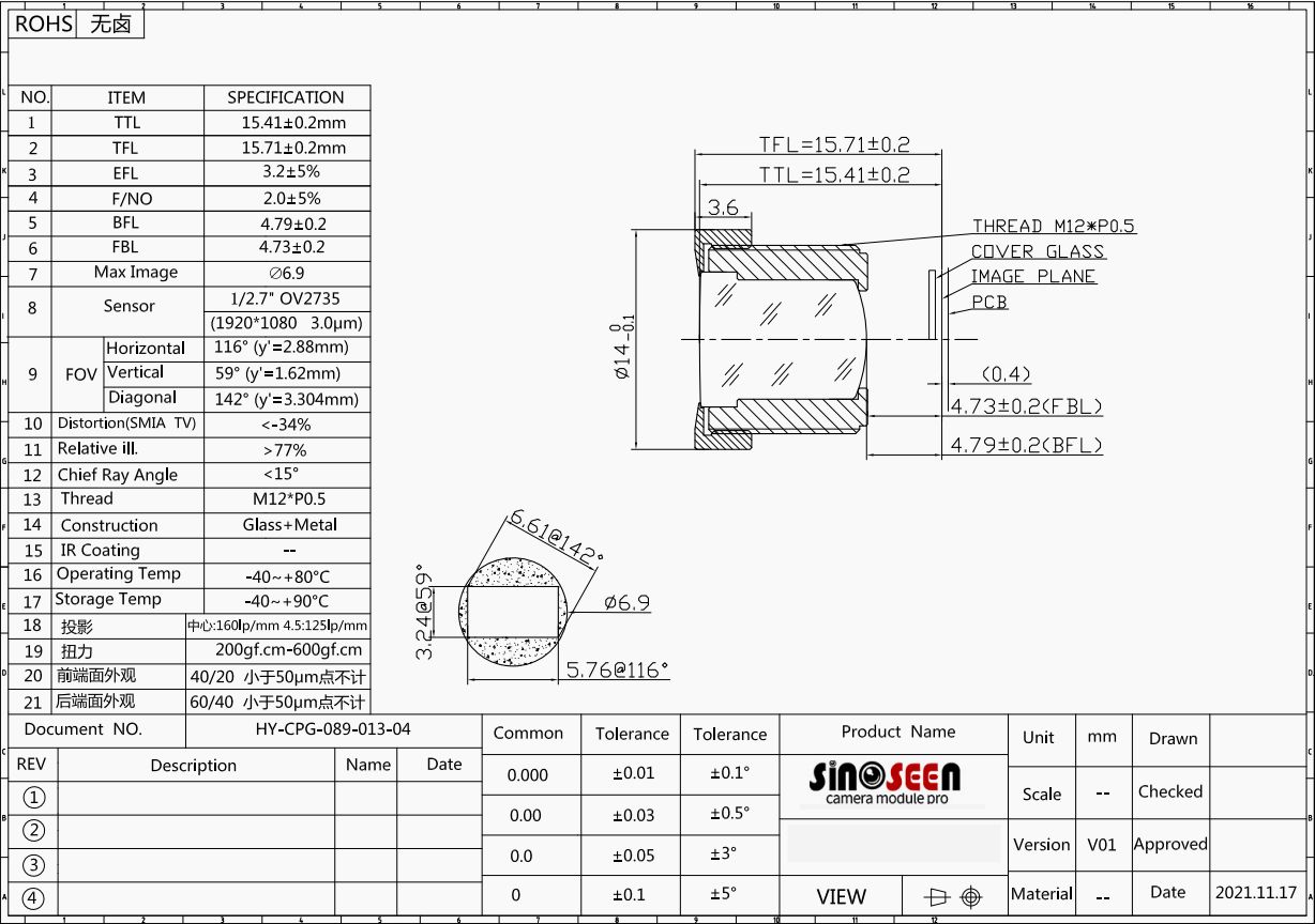 1/2.7 дюймовый EFL3.2MM M12 Монтаж объектива Модуль камеры Объектив, подходящий для OV2735