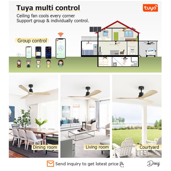 Ventilador de teto de motor de corrente contínua de economia de energia com lâminas de madeira natural e controle remoto inteligente