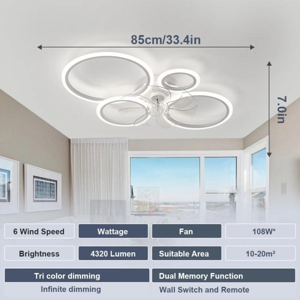 Bedroom Kitchen Lights Black White Multi ring lamp samrt Led Low Noise Ceiling Fan Chandelier (WH-CLL-53)