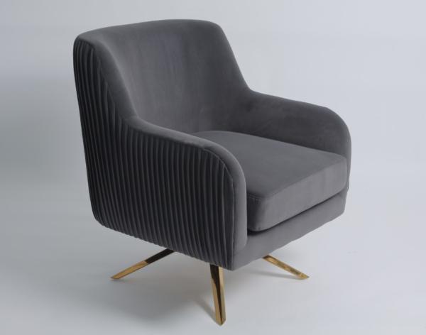 European Grey Velvet Gold Stainless Swivel Accent Chair