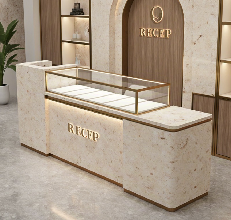 High-End Custom Jewelry Shop Reception Counter Premium Travertine Texture Front Desk with Arch Design and LED Ambient Light